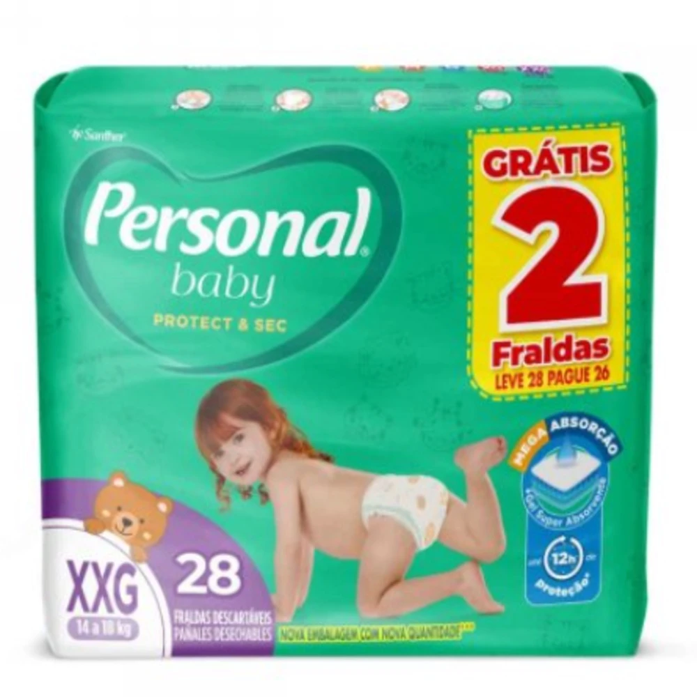 Fralda Descartável Personal Baby Protect & Sec XXG 14 a 18kg Leve 28 Pague 26 Unidades