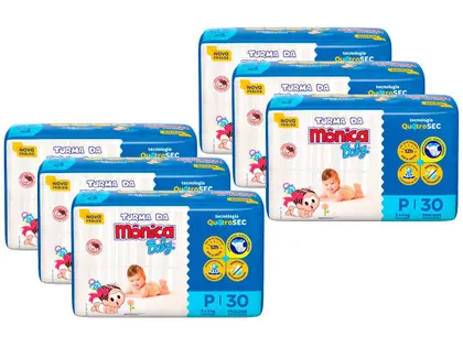 KIT FRALDA TURMA DA MÔNICA BABY TAM. P 3 A 5KG - 6 PACOTES COM 30 UNIDADES CADA