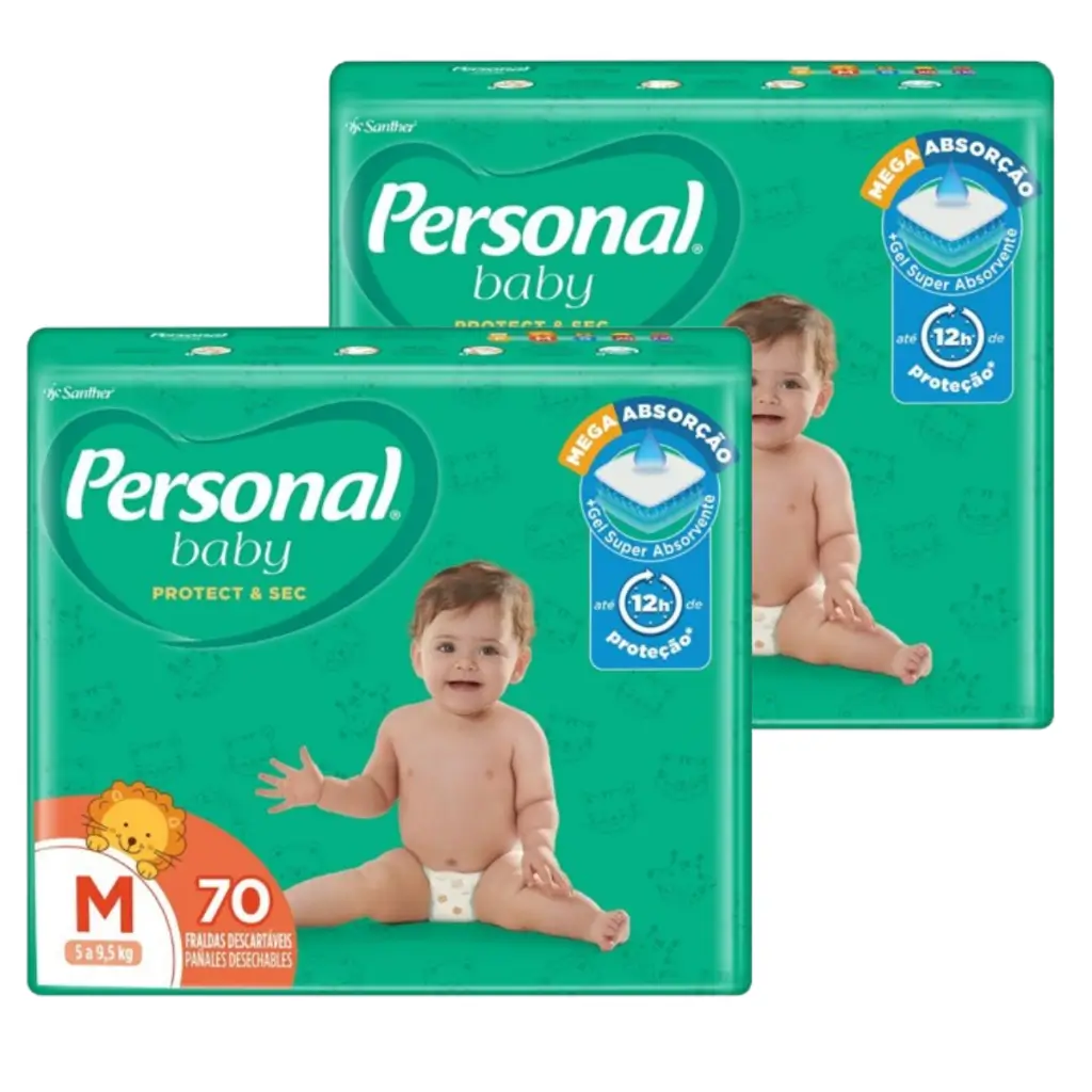 KIT 2 PACOTES DE FRALDA DESCARTÁVEL PERSONAL HIPER - TAMANHO M - 70 UNIDADES TOTAL DE 140 UNIDADES